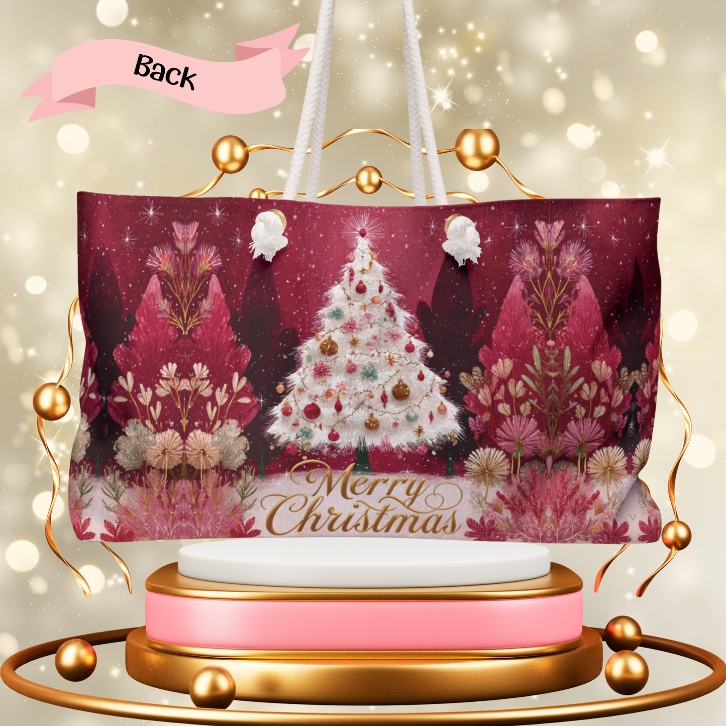 🎄Merry Christmas Weekender Bag – White Christmas Tree Holiday Bag, Large Festive Market Tote, Red & Gold Christmas Gift Bag, Holiday Shopper Festive Merry Christmas Weekender Bag