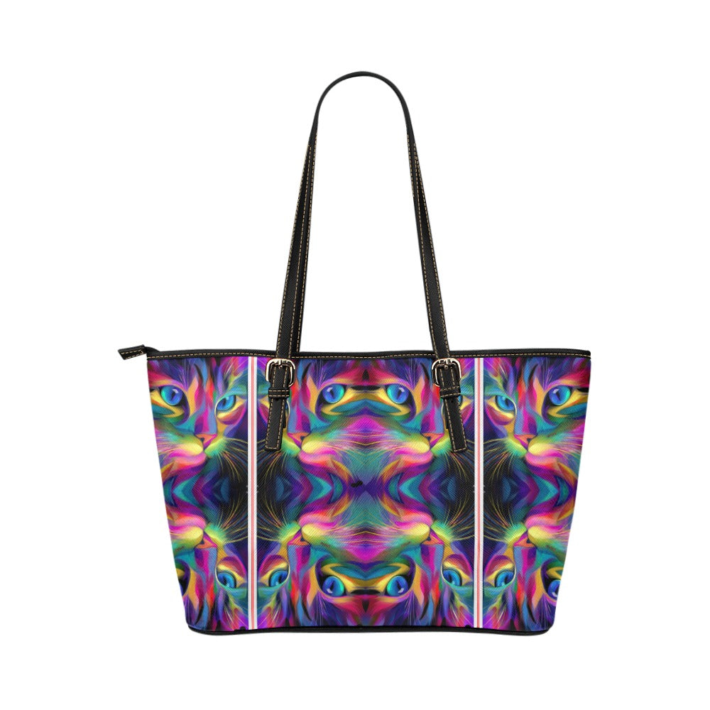 Artistic Abstract Cat Neon Tote Bag Leather Tote Bag/Large (Model 1651)
