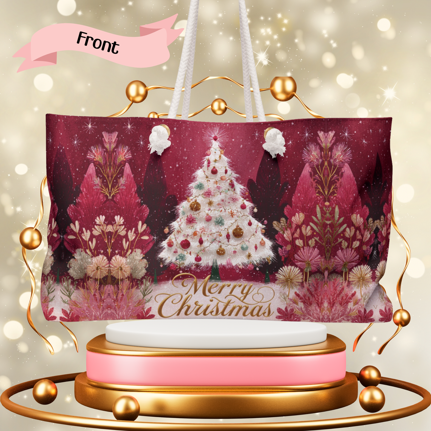 🎄Merry Christmas Weekender Bag – White Christmas Tree Holiday Bag, Large Festive Market Tote, Red & Gold Christmas Gift Bag, Holiday Shopper Festive Merry Christmas Weekender Bag