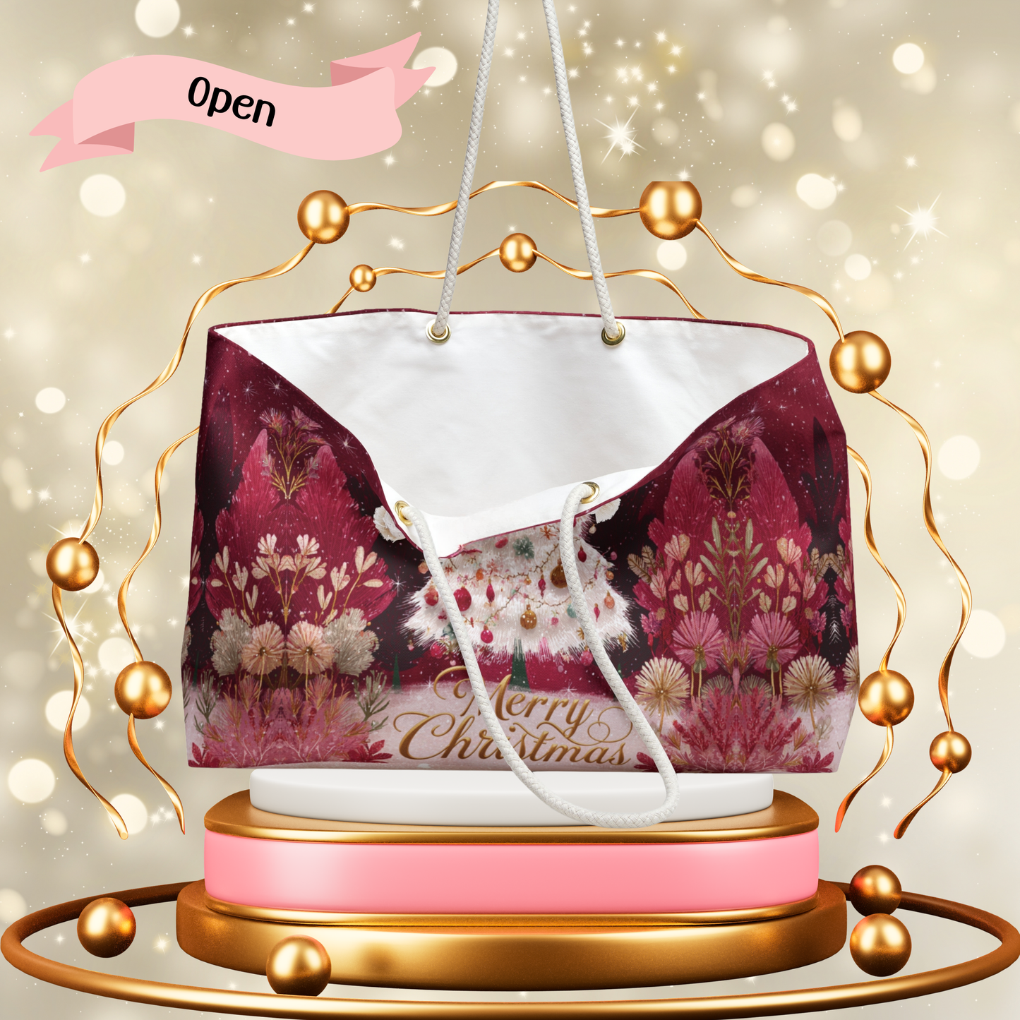 🎄Merry Christmas Weekender Bag – White Christmas Tree Holiday Bag, Large Festive Market Tote, Red & Gold Christmas Gift Bag, Holiday Shopper Festive Merry Christmas Weekender Bag