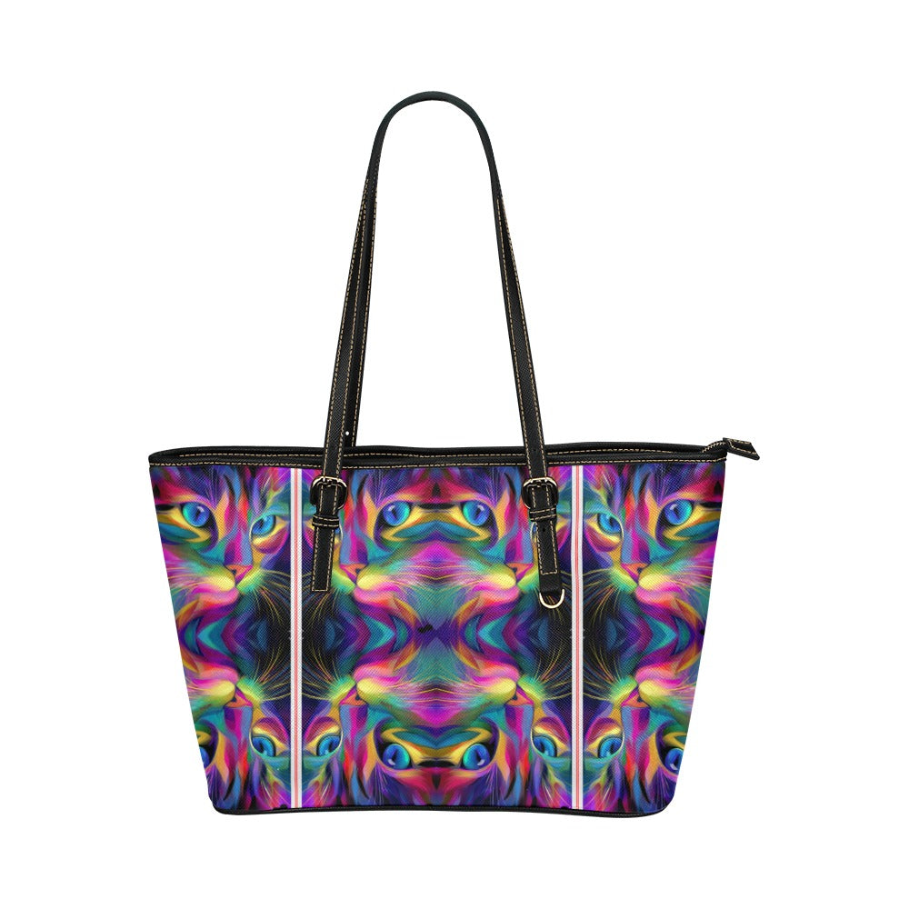 Artistic Abstract Cat Neon Tote Bag Leather Tote Bag/Large (Model 1651)