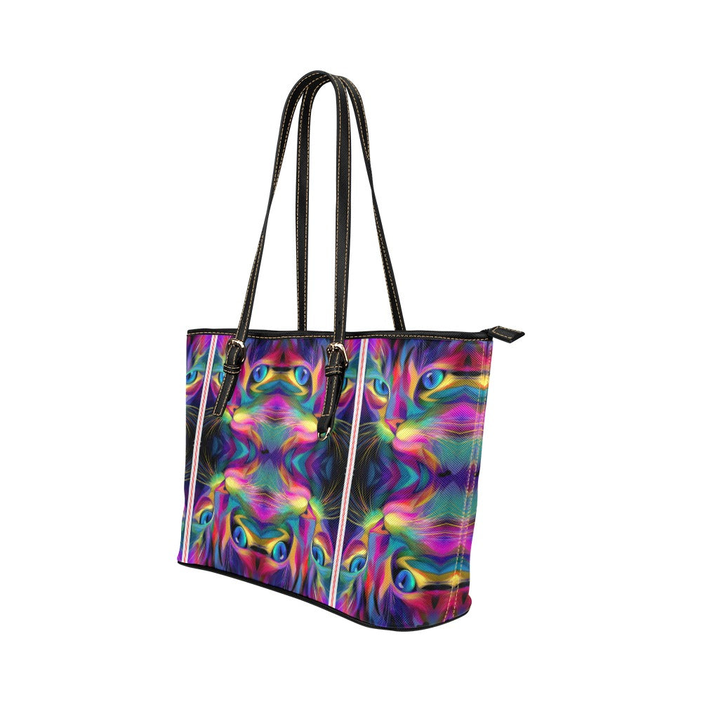 Artistic Abstract Cat Neon Tote Bag Leather Tote Bag/Large (Model 1651)