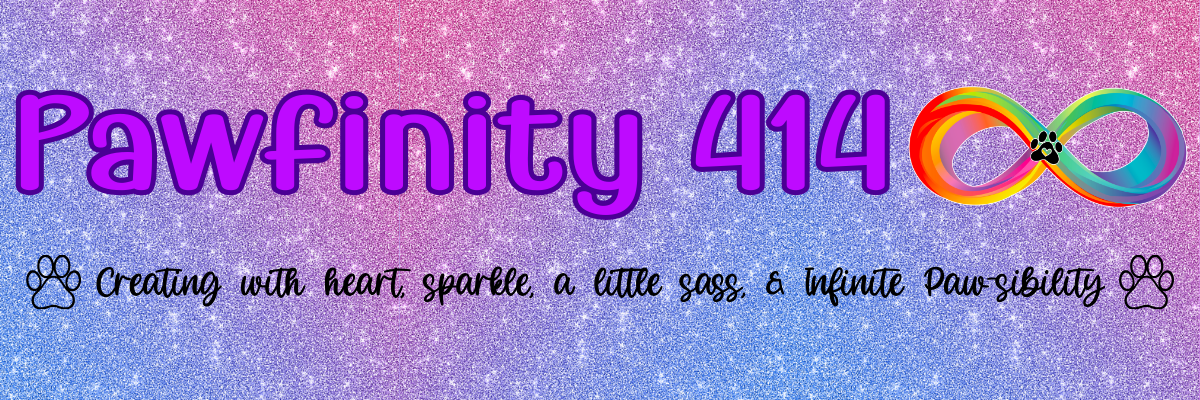 Banner with 'Pawfinity 414' text and rainbow infinity symbol on a gradient background