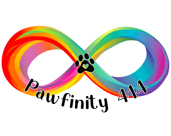 Logo with rainbow infinity symbol and paw print, featuring 'paw finity 414' text.