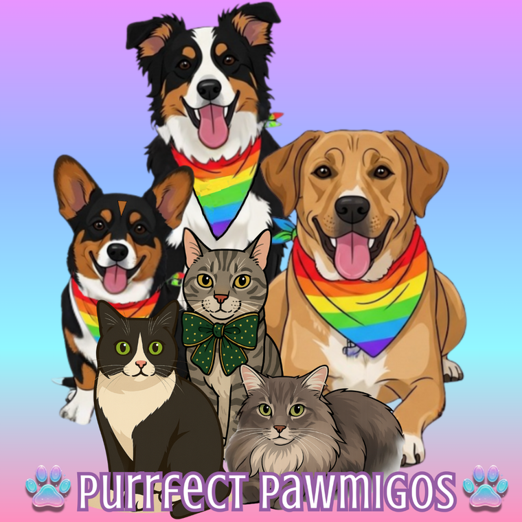 Illustration of dogs and cats wearing rainbow bandanas on a gradient background with 'Purrfect Pawmigos' text.